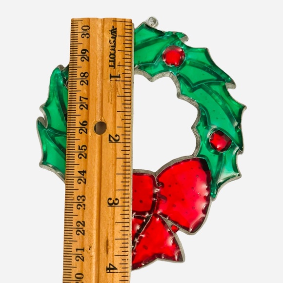 6 Vintage Suncatcher Christmas Ornament Faux Stained Glass Noel Wreath Candle 4" - Picture 8 of 14
